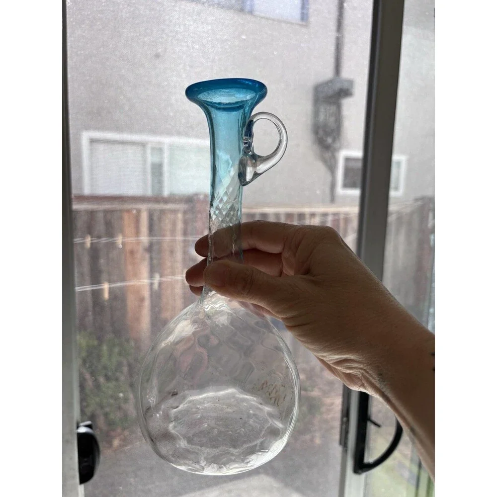Clear Blue Rim Glass Decanter w/ Handle, 0.5 qt, 9 in Tall, 1pc